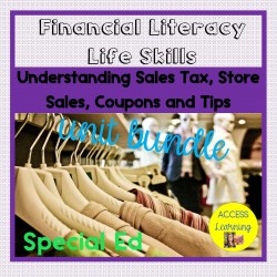Sales Tax, Sales, Coupons, and Tips Book Worksheets Leveled Special Ed.